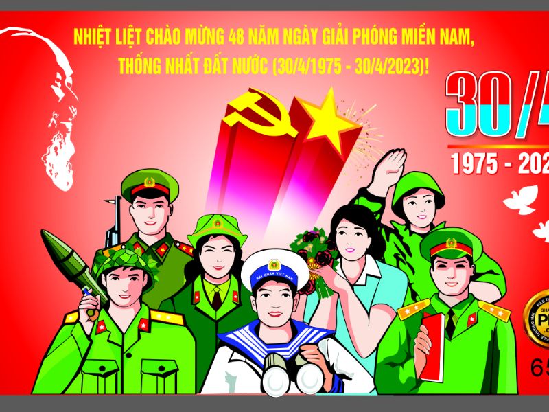 Lắp đặt backdrop chủ đề 30/4 tại khu vực lễ tân